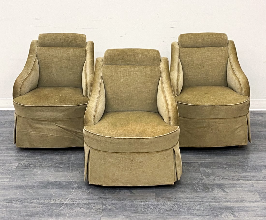 (3) DECO STYLE SCANDINAVIAN MOHAIR LOUNGE CHAIRS: Green mohair upholstery petite lounge chairs. Scandinavian, circa 1940s. Dimensions: H x 30" W 23" x D 20" x SH 15" Condition: Wear consistent with age and use. One chair has minor dark marks to