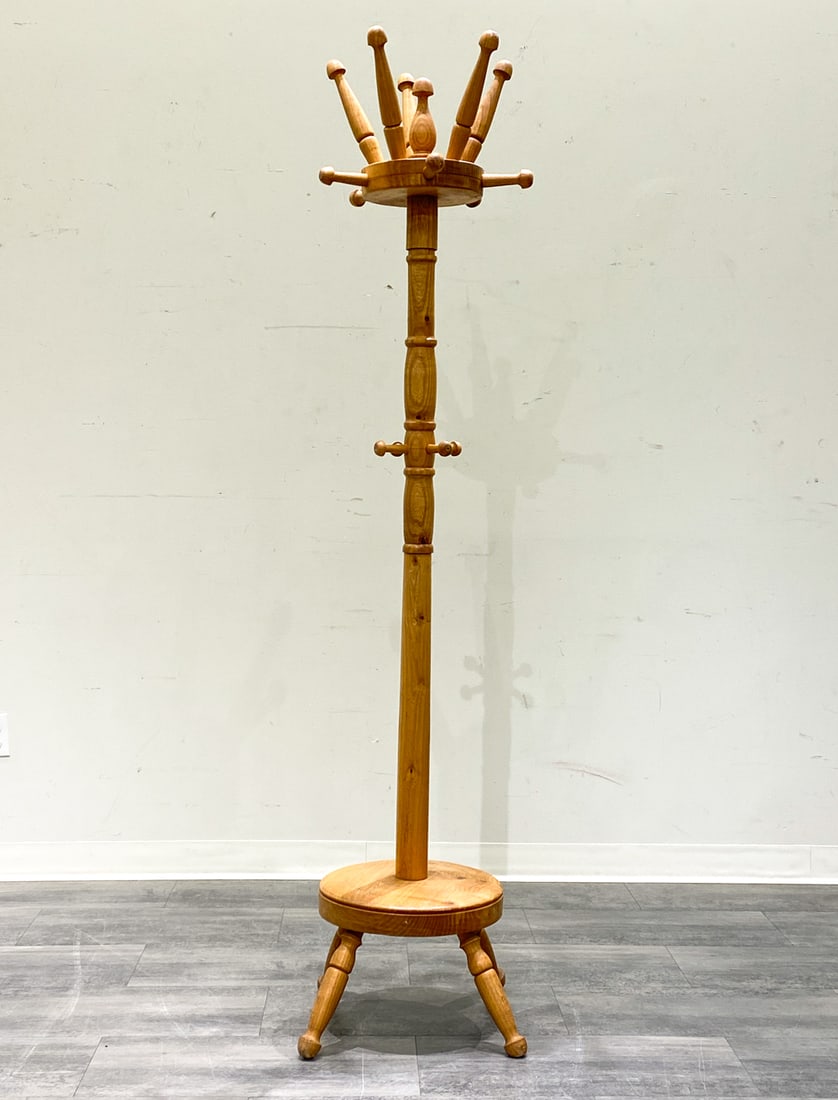 SCANDINAVIAN COAT RACK C. 1960S: Scandinavian, circa 1960s. Dimensions: H 76" x Dia 23" Condition: Wear consistent with age and use. Marks, discoloration to bottom, stress cracks, soling to top. Nicks, dings to legs.