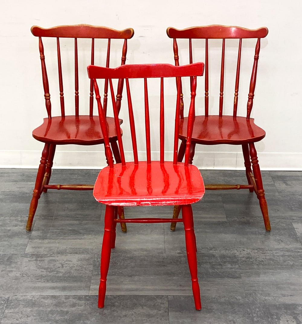 (3) RED IKEA EDWARD SWEDISH OAK CHAIRS C. 1970S: Bannister back chairs by Ikea. Only two are marked underneath. Sweden, circa 1970s. Dimensions: H 32" x W 18" x D 17.5" x SH 17.75" Condition: Wear consistent with age and use.