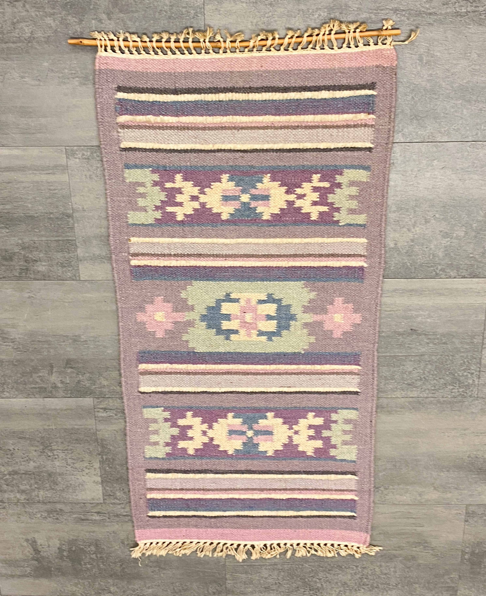 SWEDISH FLATWEAVE TAPESTRY RUG C. 1960S: Scandinavian circa 1960s. Dimensions: H 51" x W 24" Condition: Wear consistent with age and use. Discoloration to fringes.