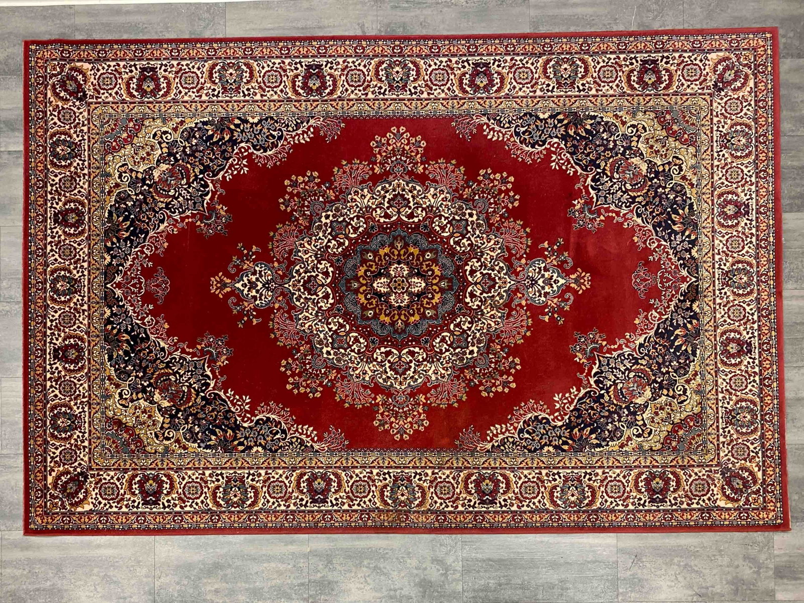 VINATGE TURKISH WOOL RUG: Dimensions: H 78.5'' x W 118.5'' Condition: Wear consistent with age and use. Minor soiling spots.