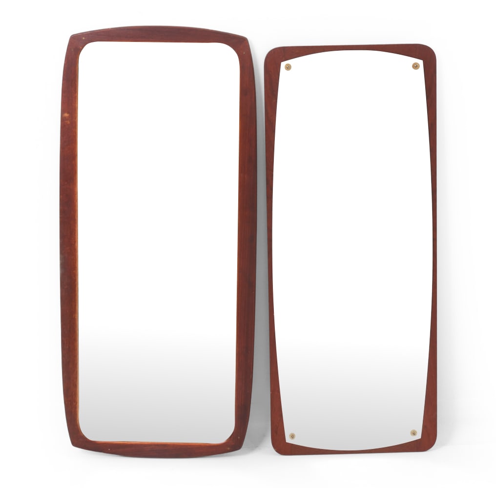 (2) JOHANSENS SPEJLE DANISH TEAK WALL MIRRORS: Teak frame. Smaller mirror is marked on the backside. Denmark, circa 1960s. Dimensions: (Taller) H 37.5" x W 15" Condition: Scuffs and scratches. Patina around nails on one mirror. Wear consistent wit