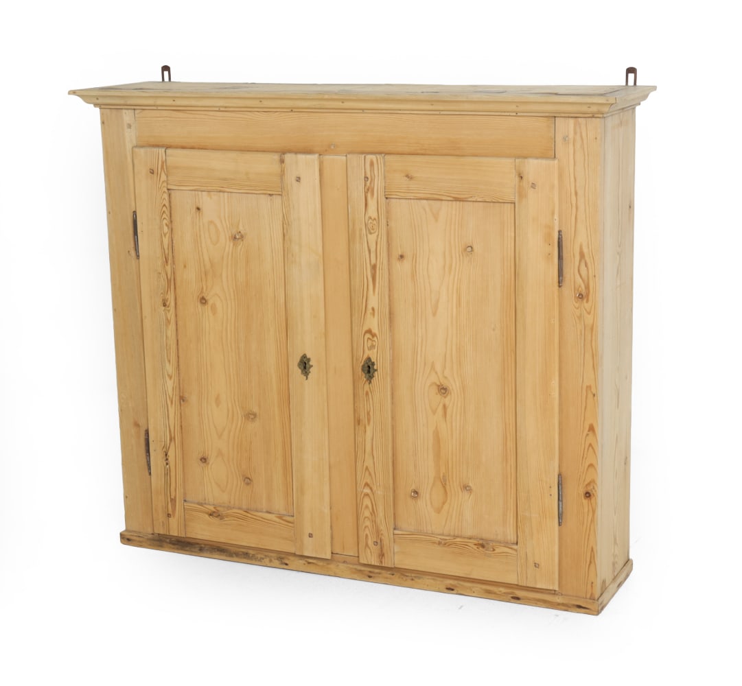 ANTIQUE DANISH PINE WALL CABINET: Key included. Denmark, early 20th century. Dimensions: H 39" x W 45.5" x D 11.25". Condition: Fading. Scuffs and scratches. Wear consistent with age and use. H154