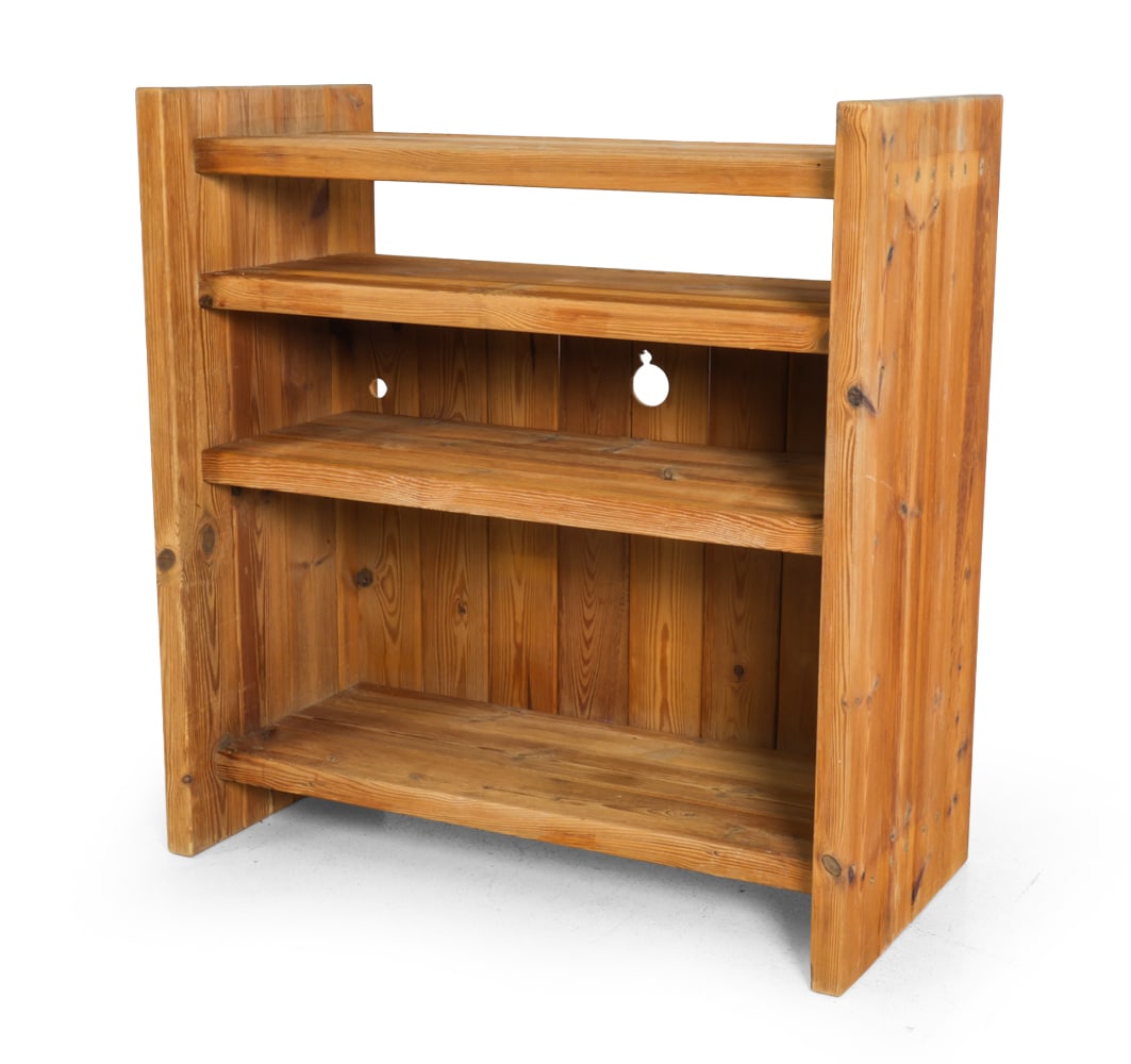 HANS FRYDENDAL CHRISTIAN IV DANISH PINE BOOKCASE: Designed by Hans Frydendal. Apparently unmarked. Denmark, circa 1960s. Dimensions: H 38" x W 37" x D 18". Condition: Cut holes to back. Sun fading. Wear consistent with age and use, including scuffs a