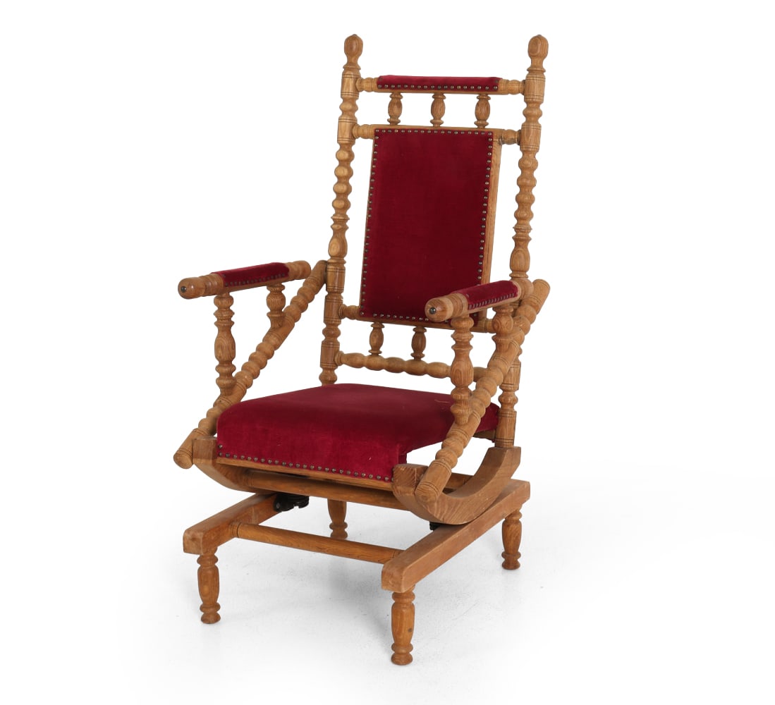 HENNING KJAERNULF DANISH OAK HIGHBACK CHAIR 1970S: Mohair and oak platform rocking chair. Apparently unmarked. Denmark, circa 1970s. Dimensions: H 44" x W 22" x D 19.5" x SH 17.5" Condition: Minor scuffs and fading on wood frame. Wear consistent with 