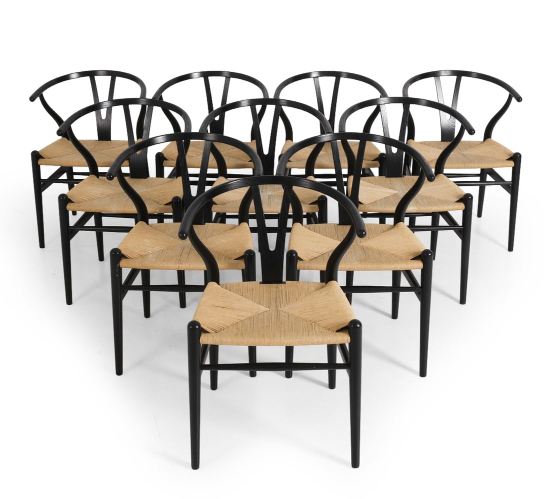 (10) HANS WEGNER FOR CARL HANSEN WISHBONE CHAIRS: Model CH24. Painted black wood with woven seat. Marked underneath. Dimensions: H 30" x W 21" x D 16" x SH 17.25" Condition: Minor scuffs and paint chips on wood. Marks and slight discoloration on