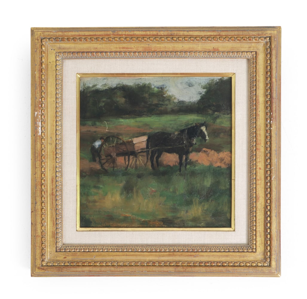 HORSE CART IN FIELD OIL ON BOARD PAINTING (1 of 6)
