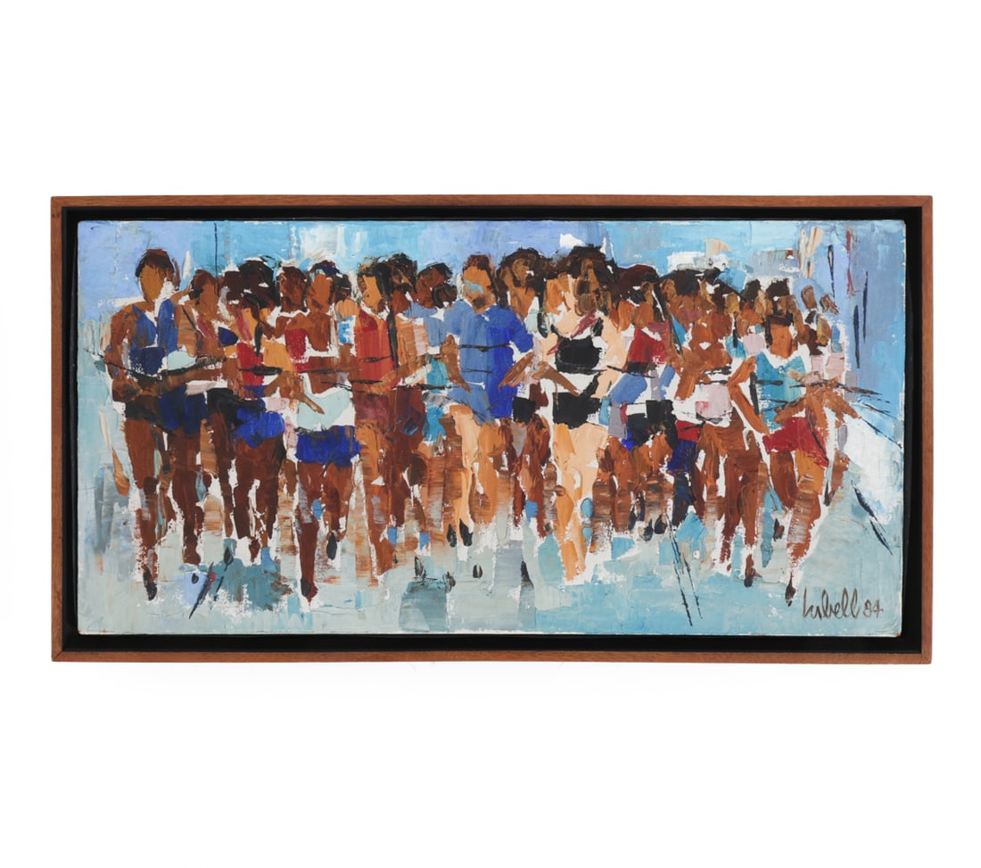 MARATHON SCENE OIL ON CANVAS PAINTING: Signed and dated 1984 on bottom right hand corner. Oil on canvas. Dimensions: (Frame) H 13.5" x W 25.5" (Canvas) H 12" x W 24" Condition: Minor scuffs on frame and water damage on verso. Scuffs and