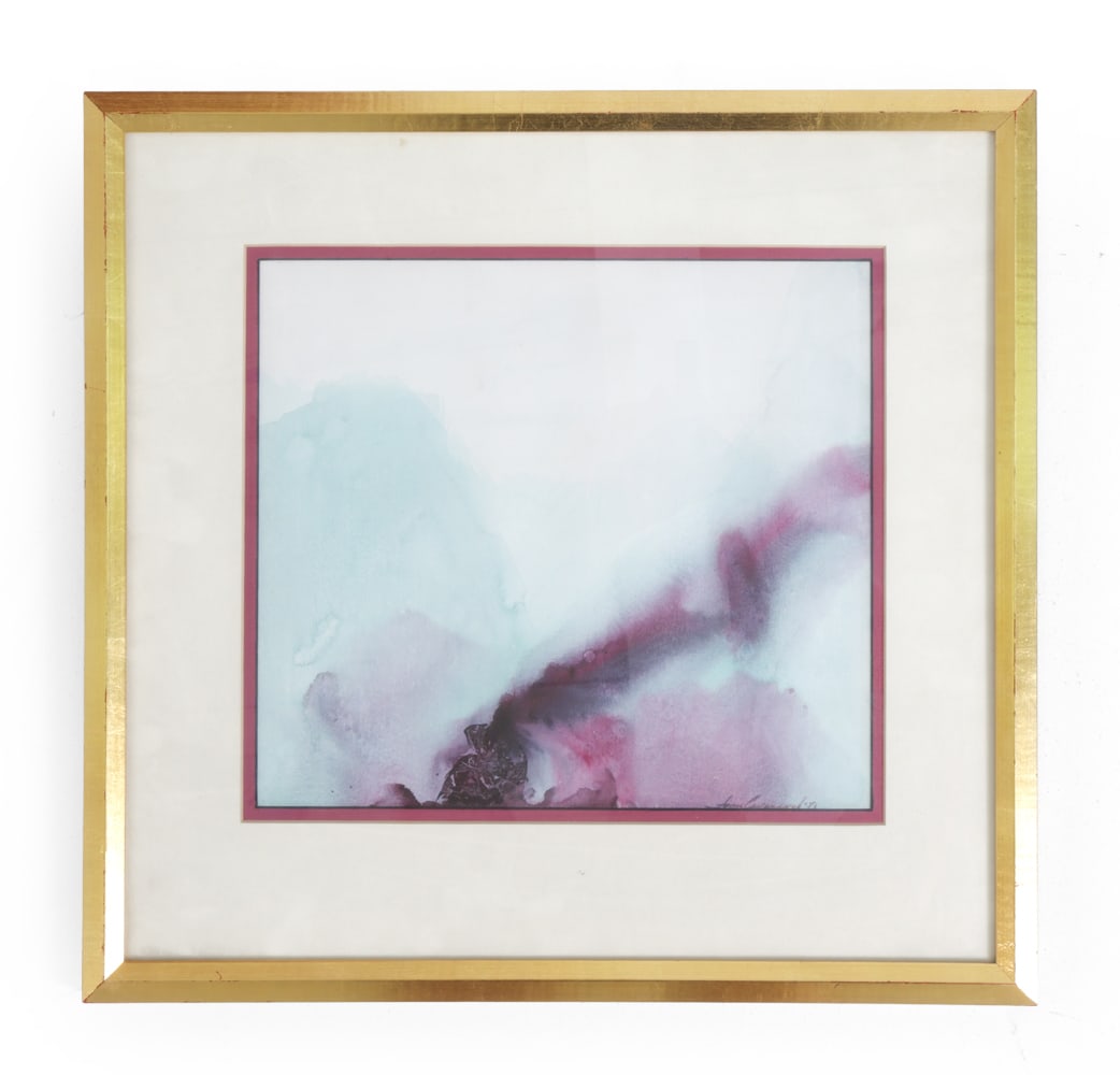 JOAN CAVANAUGH ABSTRACT WATERCOLOR PAINTING: Signed and dated 1971 bottom right hand corner. Watercolor on paper. Dimensions: (Frame) H 17" x W 17.5" (Paper) H 10.5" x W 12" Condition: Minor scuffs on frame. Wear consistent with age and display.