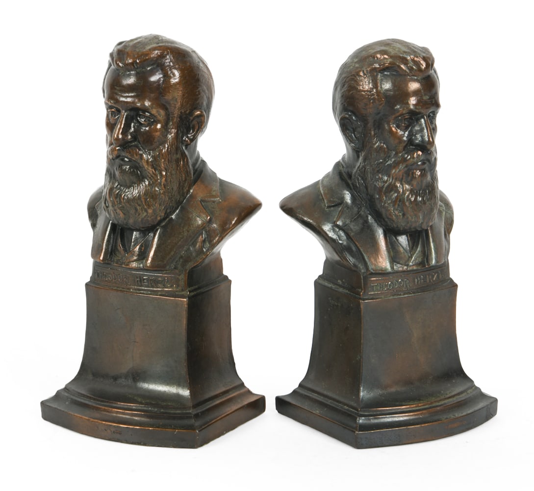 PAIR OF THEODOR HERZL BOOKEND BUST SCULPTURES: Whtie metal with bronze finish, most likely bookends. Dimensions: H 8.25" x W 4" x D 3.25" Condition: Patina to bronze finish, some scuffs and cracks. Wear consistent with age and display.
