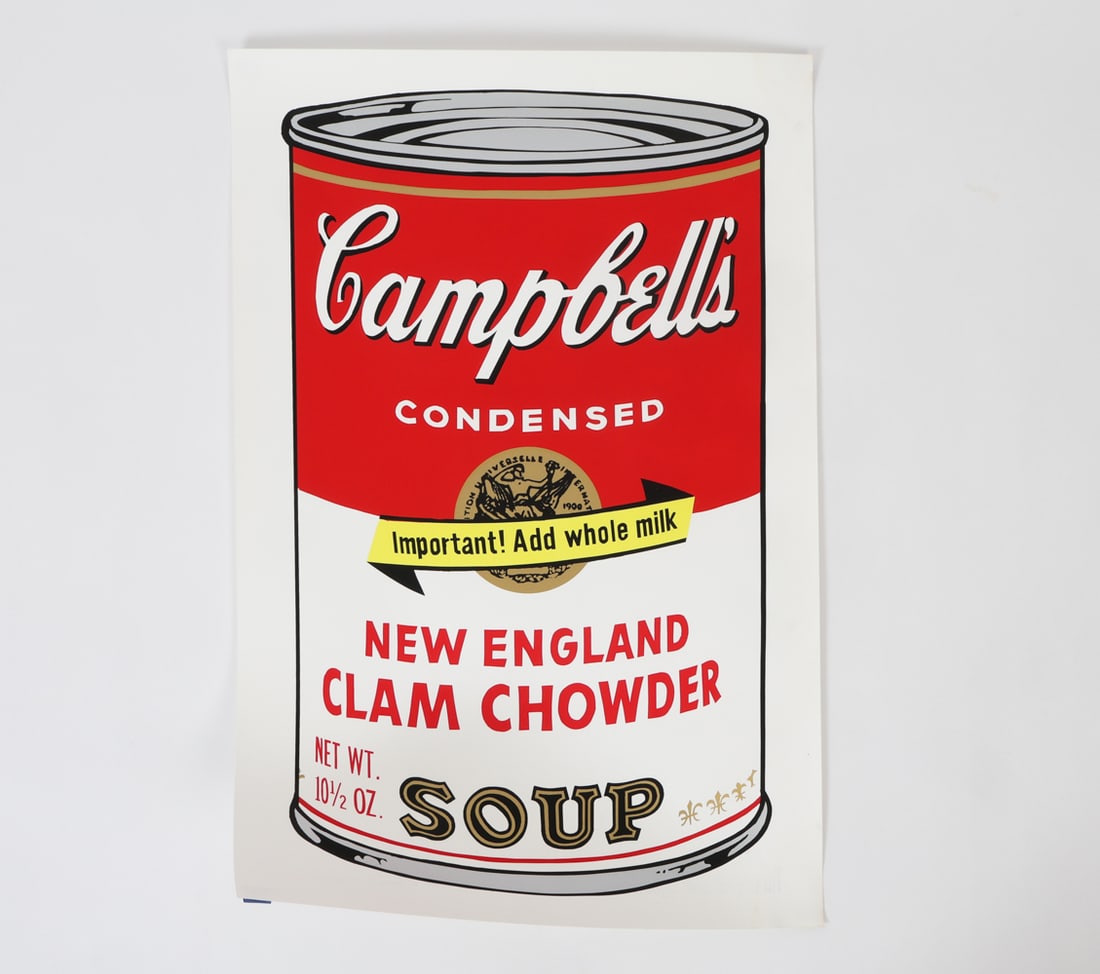 ANDY WARHOL CAMPBELL'S SOUP SCREENPRINT: "New England Clam Chowder". The print was created in 1969 as a color screenprint on Lenox Museum Board. It is part of a ten portfolio of ten screenprints that focused on more uncommon flavors of