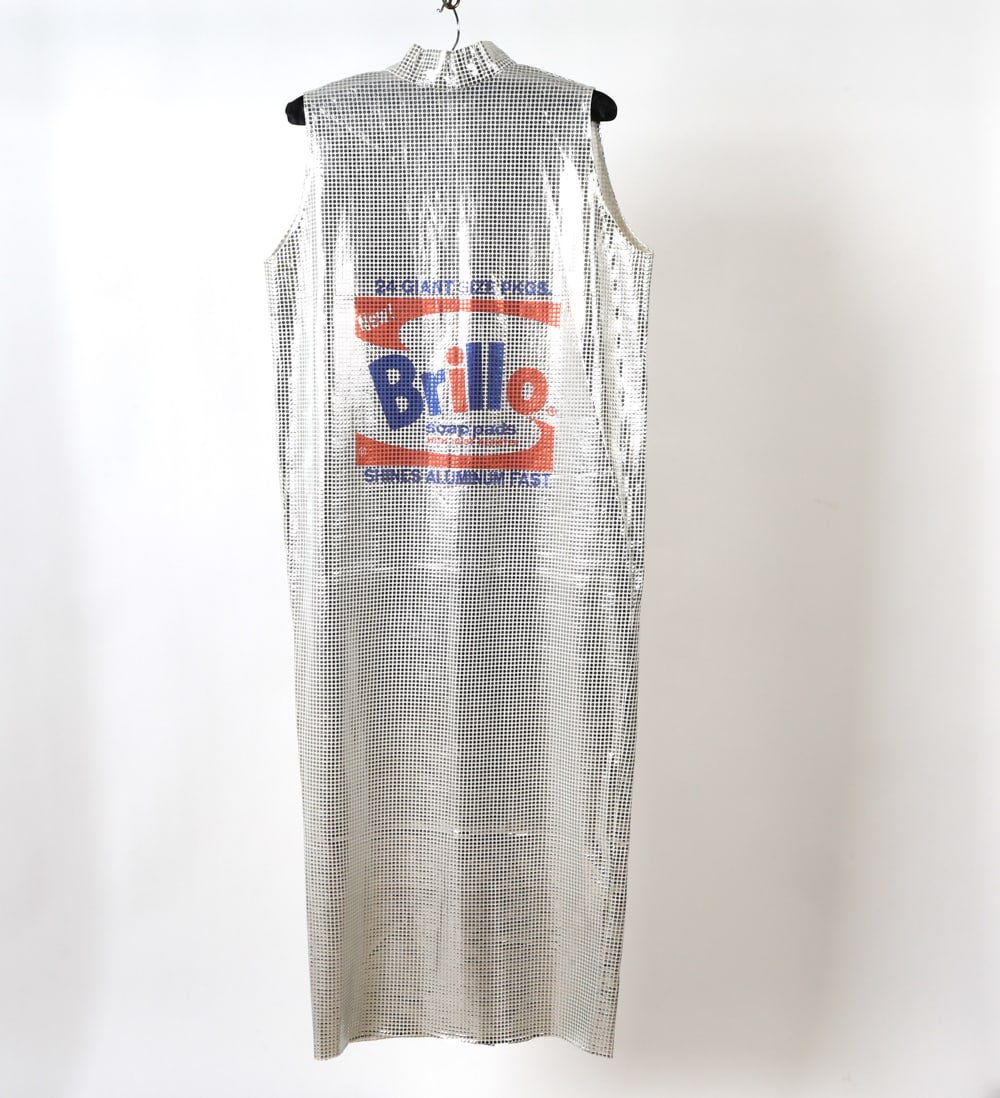 ANDY WARHOL "BRILLO" DRESS CIRCA 1970S: Andy Warhol designed "Brillo" dress with an aluminum-like look. Silkscreen ink on fabric. Circa 1970s. This is from a private collector, we have no additional provenance or information. Dimensions: H