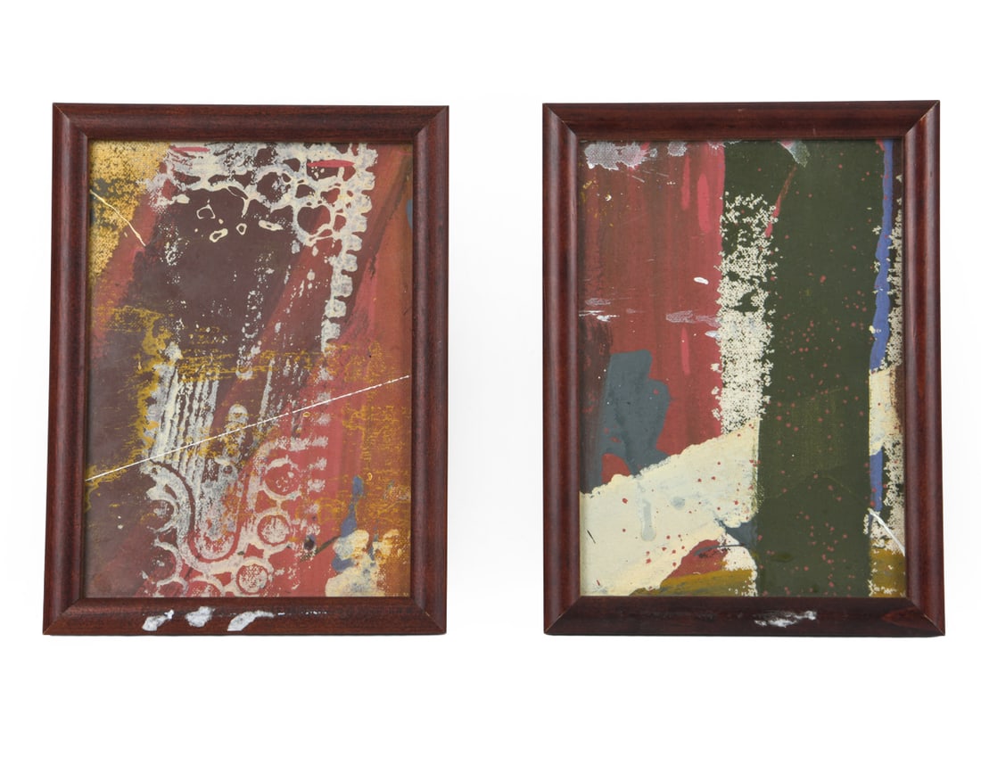ABSTRACT ACRYLIC ON CANVAS PAINTINGS: (2) total. Apparently unsigned. Mixed media, mainly acrylic paint on canvas pad. Dimensions: (Frame) H 8" x W 6" (Canvas) H 7" x W 5" Condition: Minor scuffs on frame. Wear consistent with age and