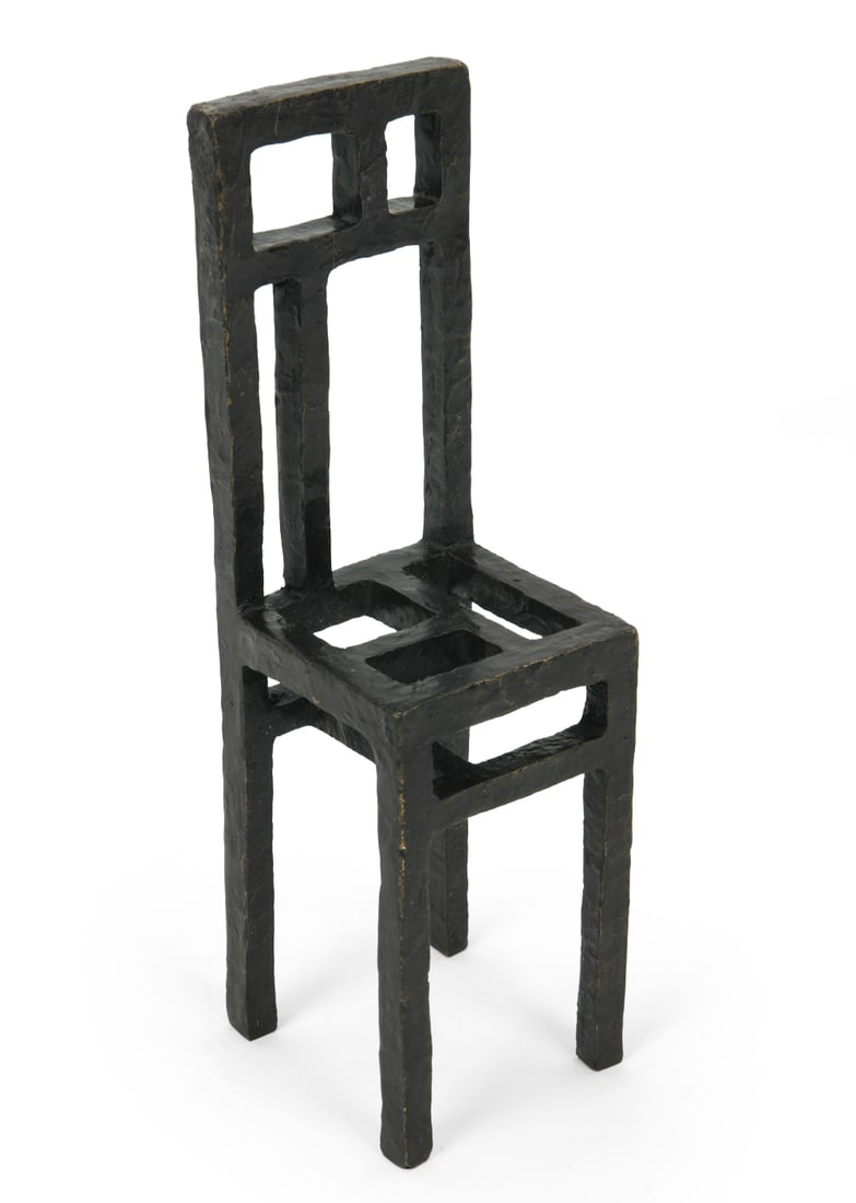 MANUEL FERREIRO BRONZE CHAIR SCULPTURE: Signed and dated to back, 2015. Dimensions: H 10" x W 3" x D 3". Condition: Scuffs and rubs, wear consistent with age, including patina.