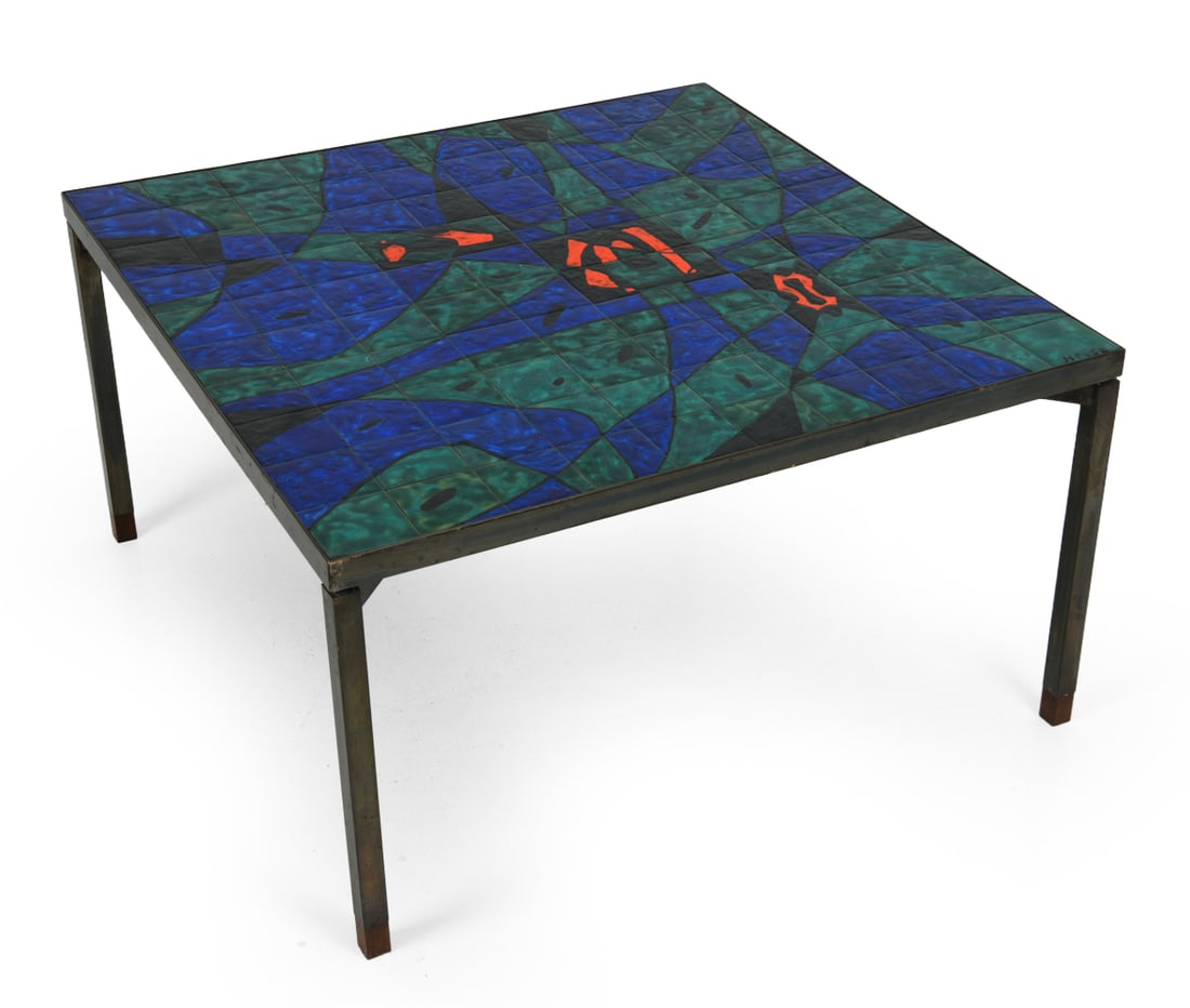 SCANDINAVIAN BRUSHED BRASS & TILE COFFEE TABLE: Signed "HE.SE" on right corner. Brushed metal frame. Wooden accent to legs. Scandinavian, circa 1960s. Dimensions: H 17.5" x W 31.75" Condition: Minor rubs and scratches. Wear consistent with age and