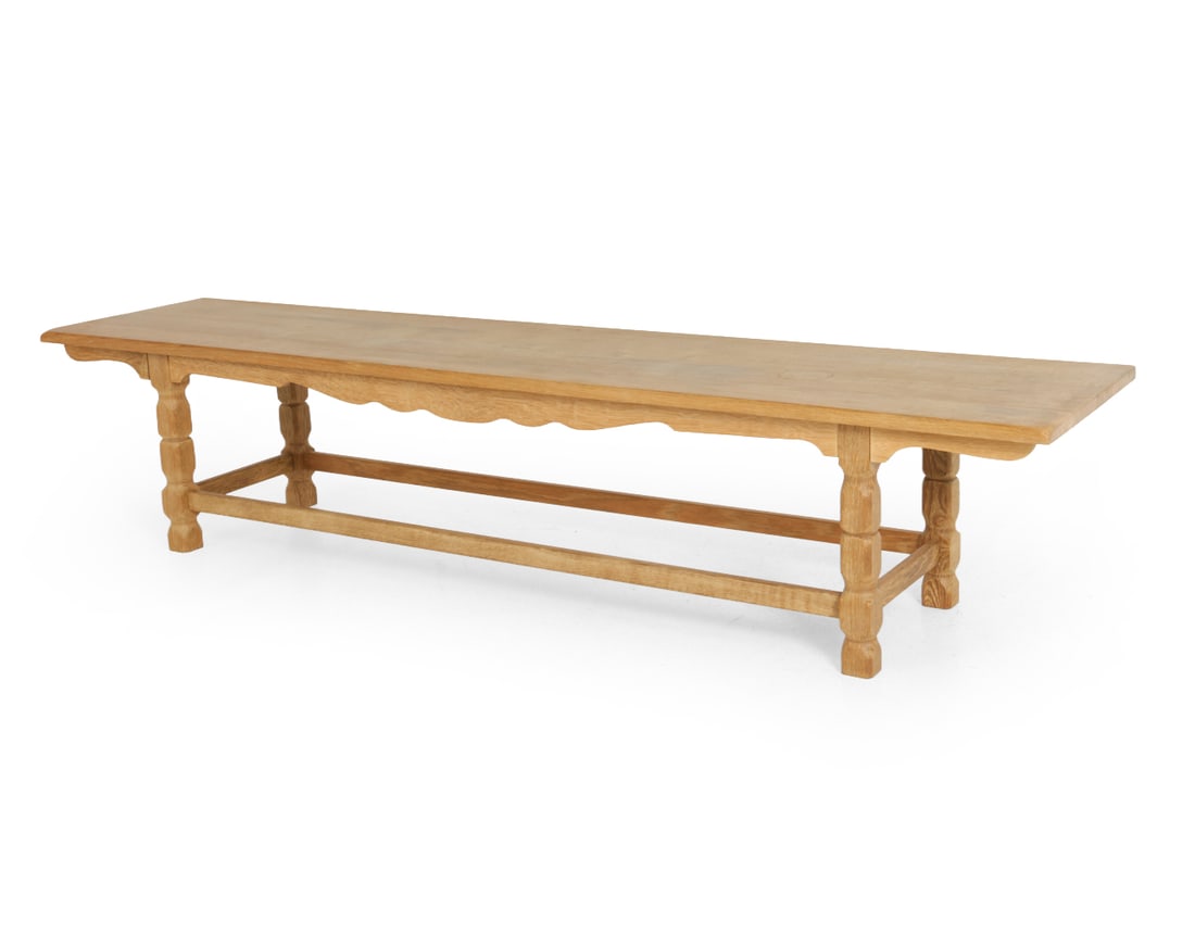 KJAERNULF STYLE DANISH OAK BENCH C. 1970S: Oak frame with turned legs. Denmark, circa 1970s. Dimensions: H 17" x W 80" x D 17.5" Condition: Scuffs, some wear of top finish, and watermarks. Fading. Wear consistent with age and use.
