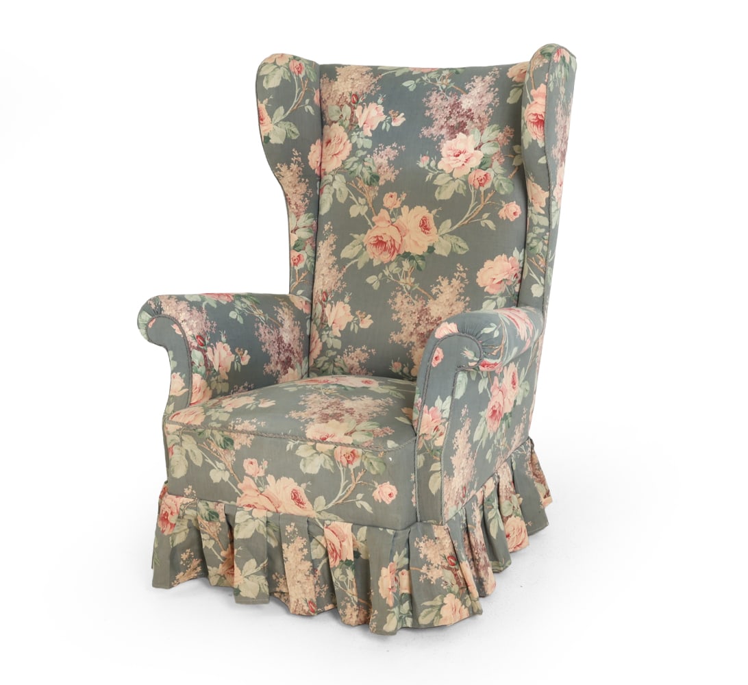 HVIDT & MOLGAARD STYLE WINGBACK LOUNGE CHAIR 1940S: Denmark, circa 1940s. Dimensions: H 41.25" x W 32.5" x D 26" x SH 15.5". Condition: Sun fading to fabric. Faint discoloration. Wear consistent with age and use. F121