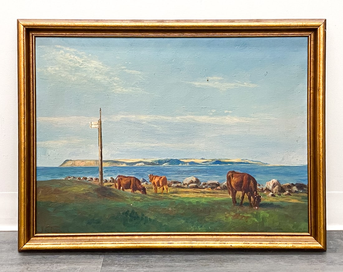 CHRISTIANSEN (DANISH) LANDSCAPE W/ COWS: Signed lower left. label on verso. Oil on canvas. Dimensions: (Frame) H 23" x W 29.5" (Canvas) H 19" x W 26" Condition: Wear consistent with age. Scuffs, rubs, minor soiling spots to frame.