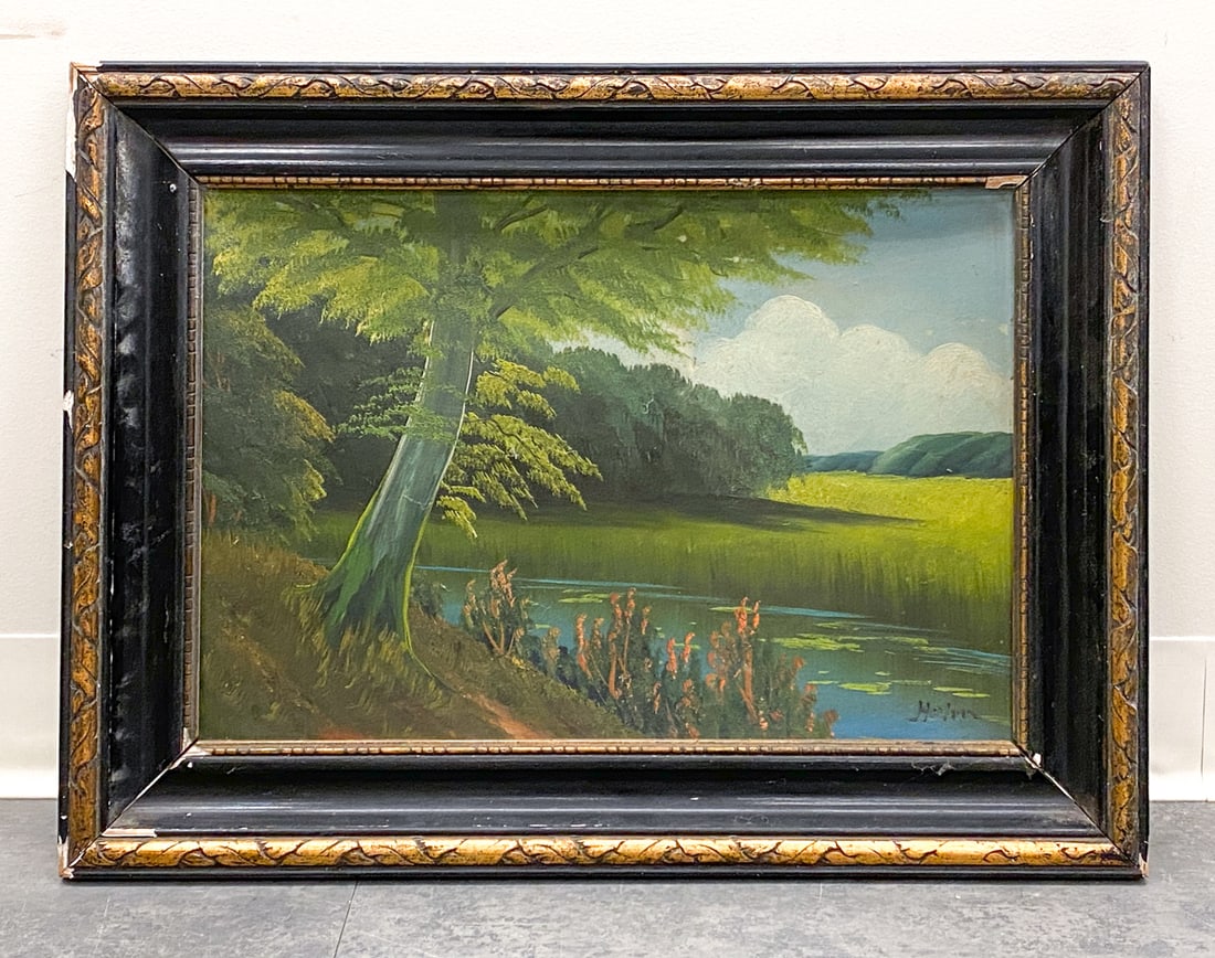 DANISH FOREST LANDSCAPE O/B PAINTING: Indistinctly signed lower right. Oil on board. Dimensions: (Frame) H 19" x W 23.25" (Canvas) H 13" x W 19" Condition: Wear consistent with age. Soiling to back, scuffs, nicks, paint & finish loss to f