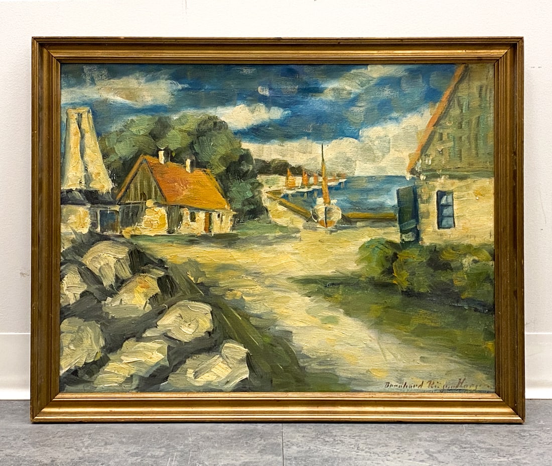 SCANDINAVIAN LANDSCAPE OIL ON CANVAS PAINTING: Indistinctly signed lower right. Dimensions: (Frame) H 22.25" x W 28.25" (Canvas) H 19.5" x W 25.5" Condition: Wear consistent with age. Scuffs, nicks, rubs to framer. Buckling to canvas.