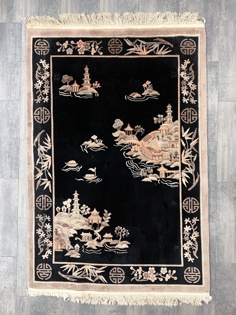 VINTAGE CHINOISERIE STYLE RUG: Featuring Pagoda motif. Dimensions: H 85" x W 54.5" Condition: Wear consistent with age and use. Minor discoloration, light soiling spots, indentations.