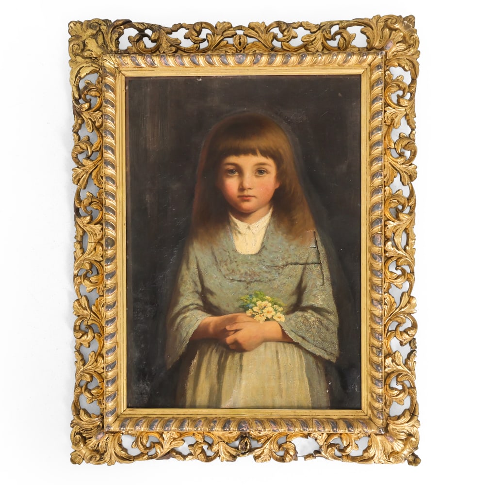 ANTIQUE PORTRAIT OF A YOUNG GIRL O/C PAINTING: For restoration, Apparently unsigned. Oil on canvas. Circa 19th Century. Dimensions: (Frame) H 28.25" x W 22" (Canvas) H 20.5" x W 14.5" Condition: Discoloration, stress cracks to frame, 4" x 4" tear 