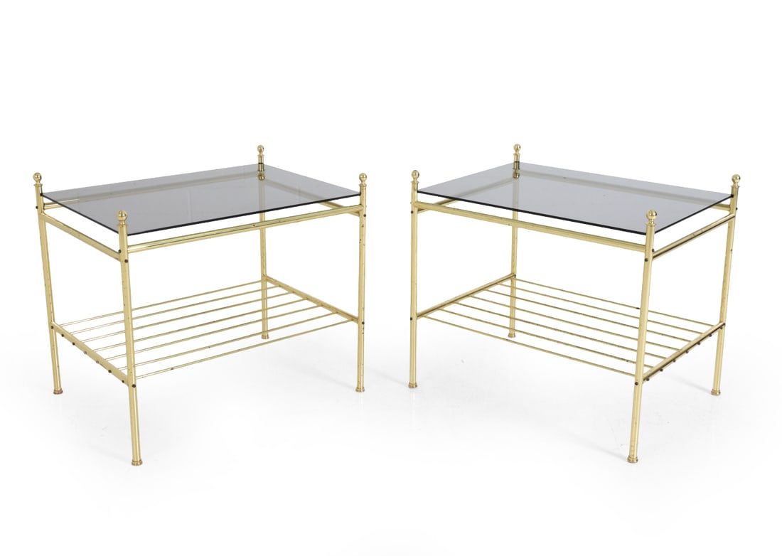 PAIR HOLLYWOOD REGENCY STYLE GLASS & BRASS TABLES (1 of 12)