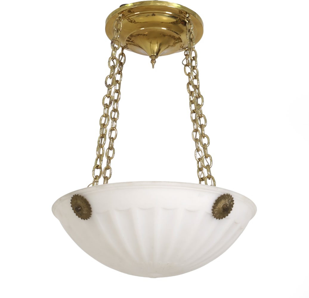 JEFFERSON MOONSTONE PLAFONNIER STYLE PENDANT LIGHT: Features fluted glass bowl and ornate brass mounts. 20th c. contemporary. Dimensions: H 18" x Dia 20" Condition: Wear consistent with age and use. Untested. Minor scuffs.