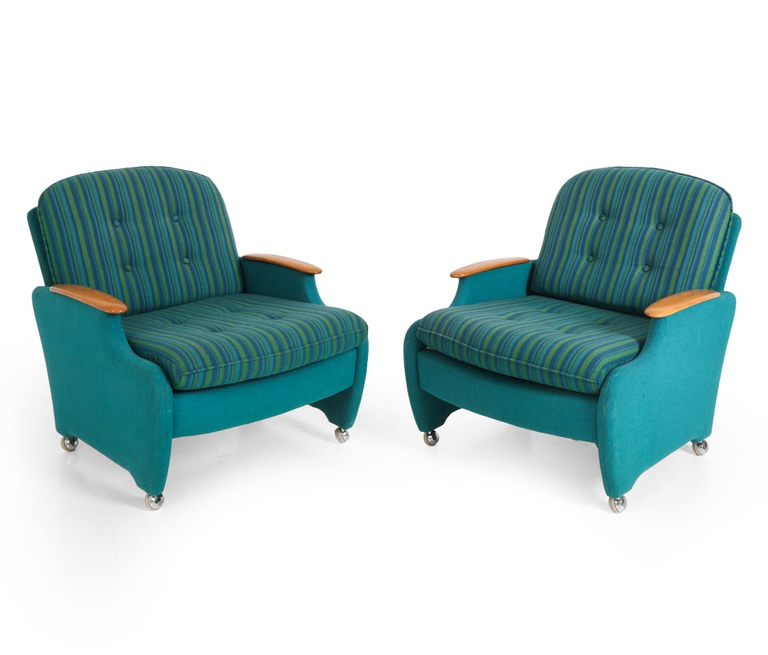 PAIR OF GERMAN SPACE AGE LOUNGE CHAIRS C. 1970S: German production card marked underneath. Dimensions: H 29" x W 26" x D 28" x SH 15". Condition: Light scuffs and dings to arms. Wear consistent with age and use.