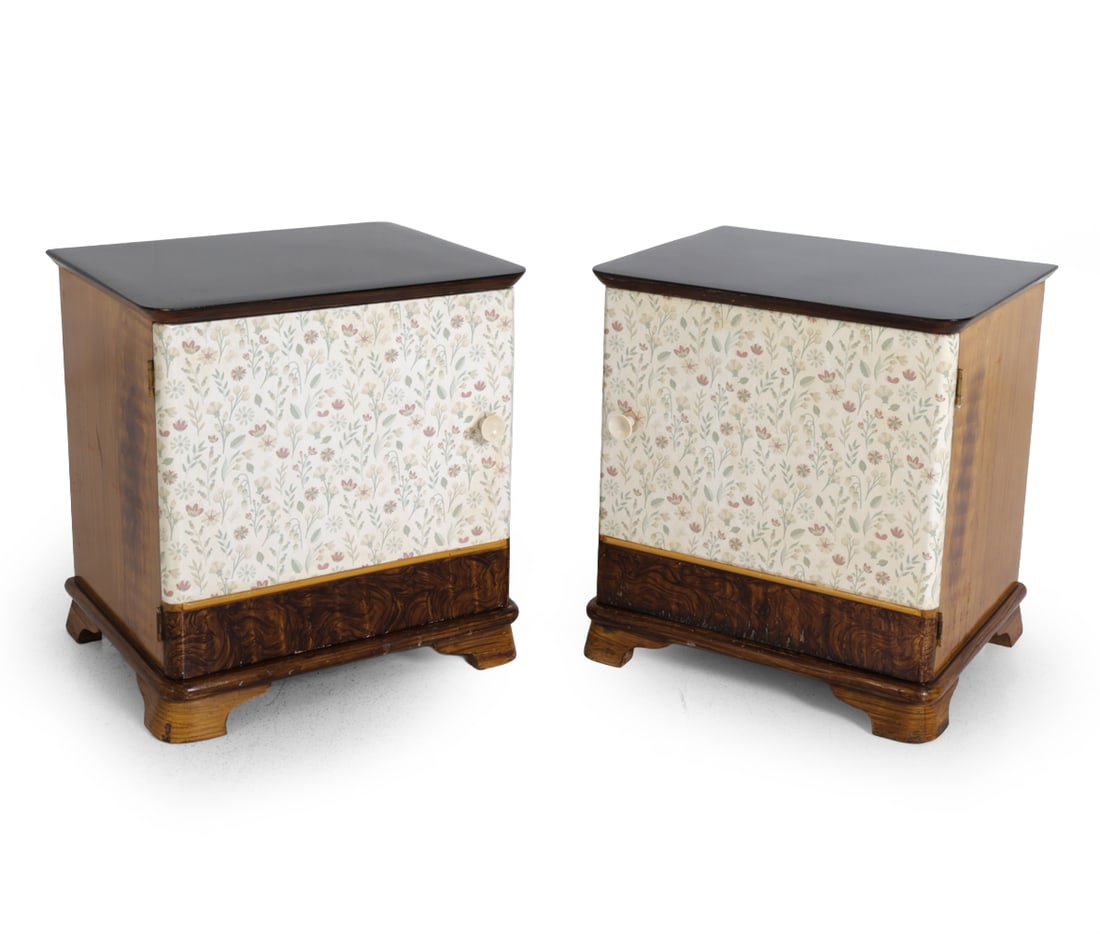 PAIR JOSEF FRANK STYLE WALLPAPER NIGHTSTANDS: Nightstands with painted faux grain finish and wallpaper coverings to doors. Sweden, circa 1970s. Dimensions: H 19.5" x W 18" x D 15". Condition: Scuffs and scratches. Wear consistent with age and