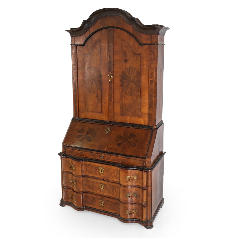 LARGE ANTIQUE BURLWOOD SECRETARY CABINET: Includes 2 pieces. Key included. Late 18th or Early 19th c. Dimensions: H 101" x W 52" x D 27.5" Condition: Showing signs of wear including stress cracks, scratches, chips and losses to finish. Some m