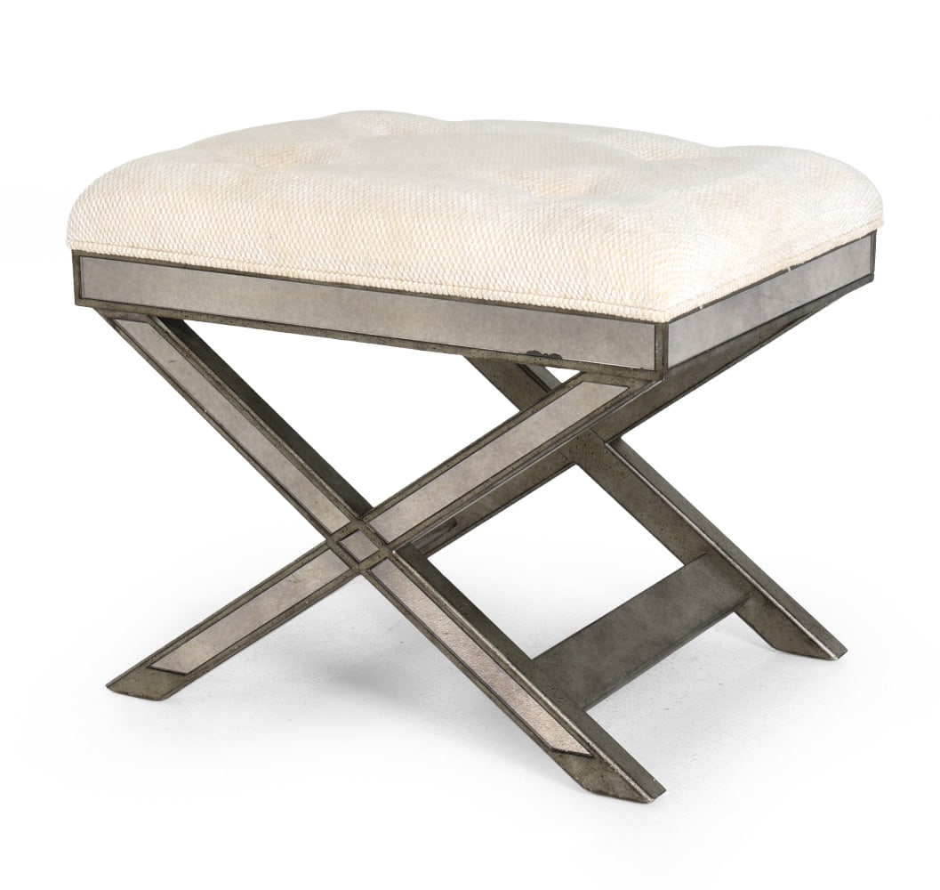 RESTORATION HARDWARE MIRRORED STOOL WITH CUSHION: Restoration Hardware mirrored stool with tufted cushion. Apparently unmarked. USA, circa 2010s. Dimensions: H 21" x W 25.5" x D 20" Condition: Wear consistent with age and use. Scuffs and loss of fini