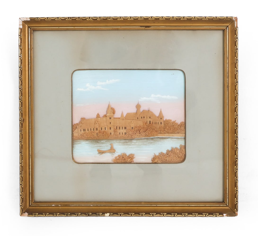 VICTORIAN ENGLISH CASTLE CORK RELIEF: Late 19th century. Dimensions: (Frame) H 15.25" x W 16.75" (Board) H 7.25" x W 9" Condition: Chips and scuffs on frame, wear consistent with age and display.