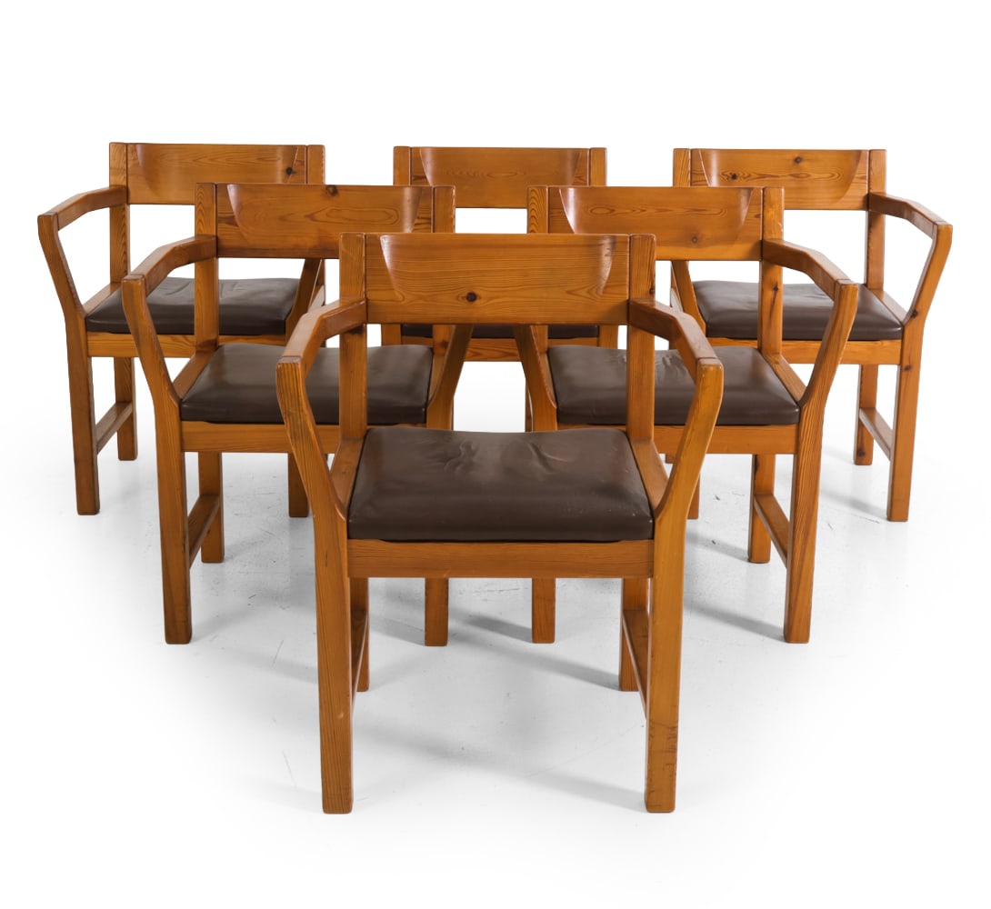 (6) TAGE POULSEN PINE & LEATHER DINING CHAIRS: For Gramrode mobler. Pine frame and leather upholstered seats. Apparently unmarked. Denmark, circa 1970s. Dimensions: H 29" x W 23" x D 18.5" x SH 16.5". Condition: Scuffs and scratches to wood and