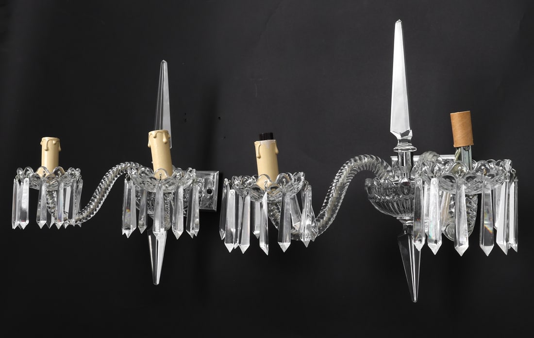 PAIR OF ST. LOUIS GLASS SCONCES: Dimensions: H 12" x W 11.25" x D 10.25". Condition: Wiring untested. Wear consistent with age and use.