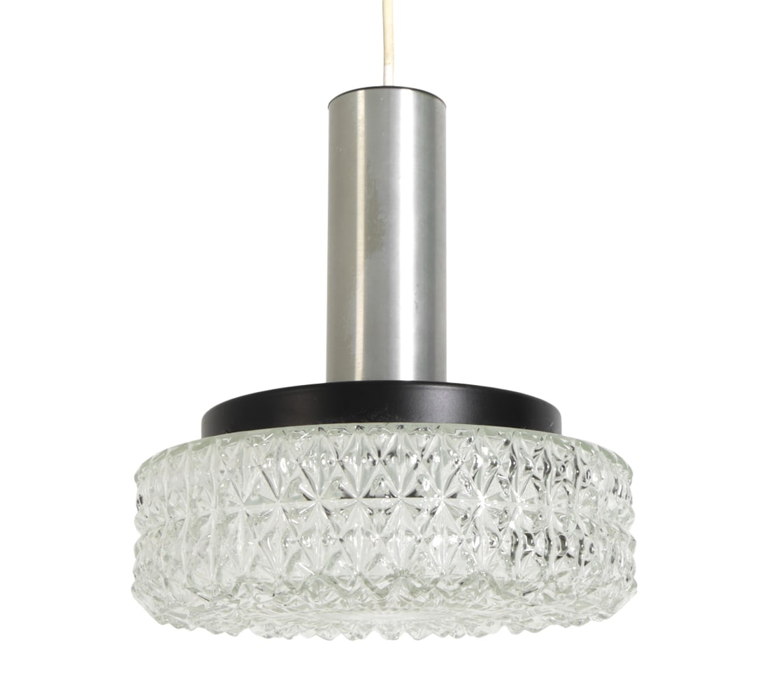 ORREFORS STYLE SWEDISH GLASS PENDANT LIGHT: Glass shade. Sweden, 20th century. Dimensions: H 38.35" x W 9.5" Condition: Minor scuffs on metal and glass. Wear consistent with age and use. Untested.