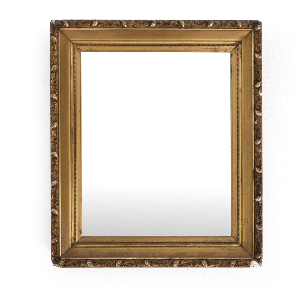 VINTAGE GILT WALL MIRROR C. 1970S: Dimensions: H 20.25" x W 17.75". Condition: Losses to frame. Surface soiling. Wear consistent with age and use.
