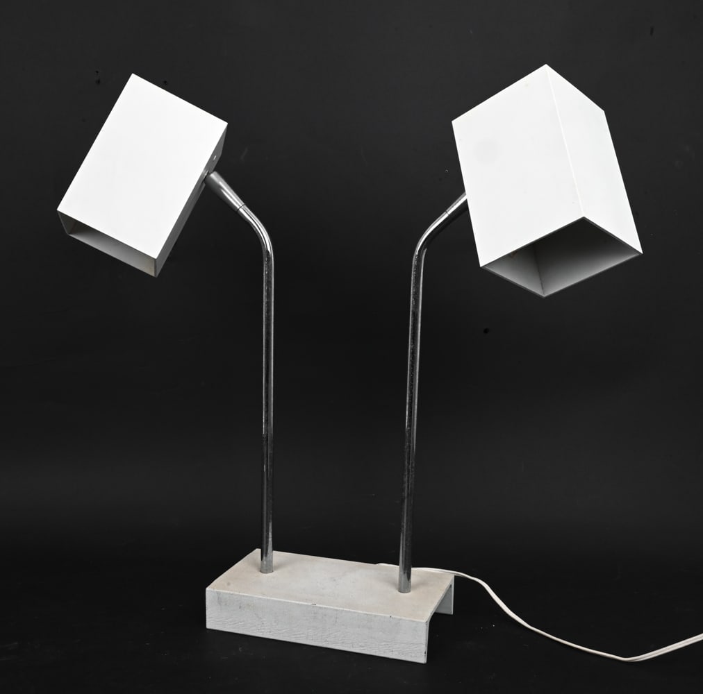 ROBERT SONNEMAN FOR KOVACS CUBE TABLE LAMP: Double light cube lamp. Marked underneath. Dimensions: H 21" x W 23" x D 5" Condition: Untested. Surface marks, spots of soiling, wear consistent with age and use.
