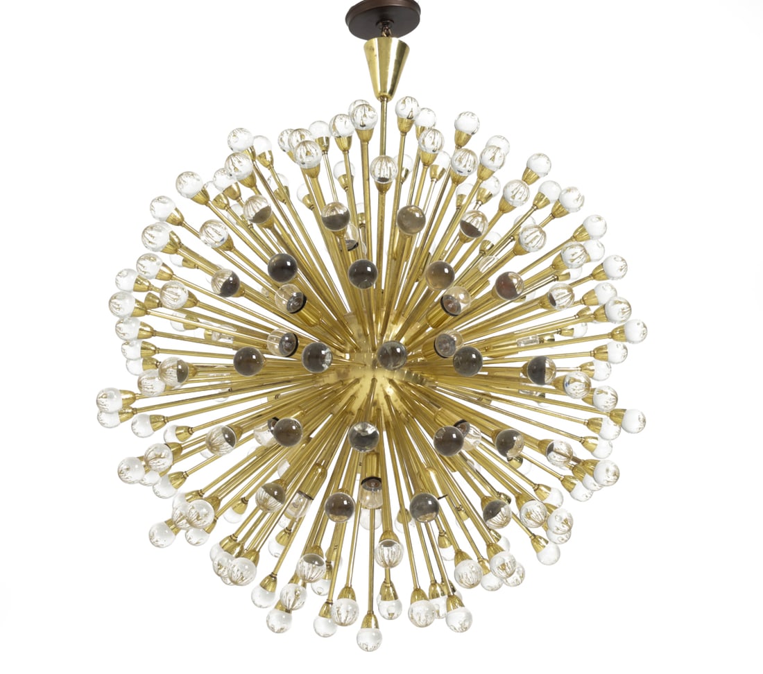 MID-CENTURY POLISHED BRASS SPUTNIK CHANDELIER: With graduated size crystal orbs. Dimensions: H 38" x W 21" Condition: Scuffs and patina to brass finish. Wear consistent with age and use.