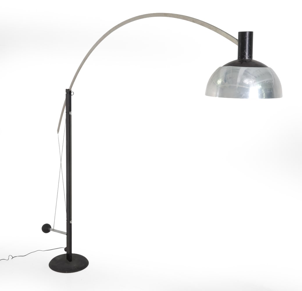 ROBERT SONNEMAN ADJUSTABLE ARC LAMP: Polished aluminum shade and adjustable counterbalance mechanism. Dimensions: H 93" x W 110" x D 16" Condition: Wear consistent with age and use. Previously in working condition. Scuffs rubs to shade