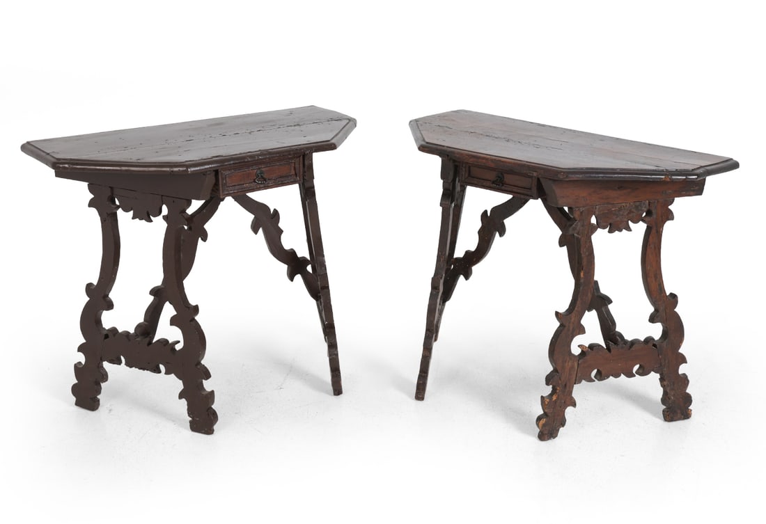 PAIR ANTIQUE ITALIAN BAROQUE-STYLE CONSOLE TABLES: Painted wood with carved legs and one drawer each. Italy, late 18th century. Dimensions: H 31" x W 37.75" x D 20" Condition: cuffs, dings, chips, wear to finish, evidence of non active worming, and wo
