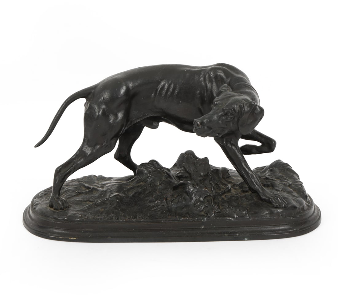PIERRE JULES MENE FRENCH BRONZE DOG SCULPTURE: 19th century bronze sculpture titled "Chien Braque" (Pointer Dog). Signed on base. Dimensions: H 4.25" x W 8.75" x D 4" Condition: Rich patina, surface wear and rubs consistent with age.