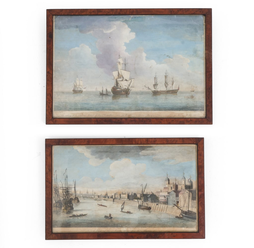 CHARLES BROOKING (1723-1759) ANTIQUE NAVAL PRINTS: Two prints by Charles Brooking. Titled lower right. Rosenbach Galleries, Philadelphia, label on verso. Dimensions: Largest (Frame) H 13.75" x W 19.5" (Sight) H 12.25" x W 18" Condition: Wear consisten