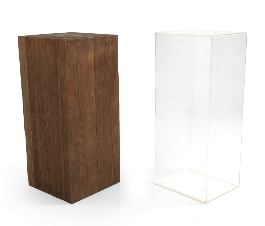 WOODEN AND ACRYLIC PEDASTALS: 20th century. Dimensions: (Wood) H 35.5" x W 16.25" x D 16" (Acrylic) H 26" x W 13" x D 15.5" Condition: Scuffs, dings, and scratches. Wear consistent with age and use.