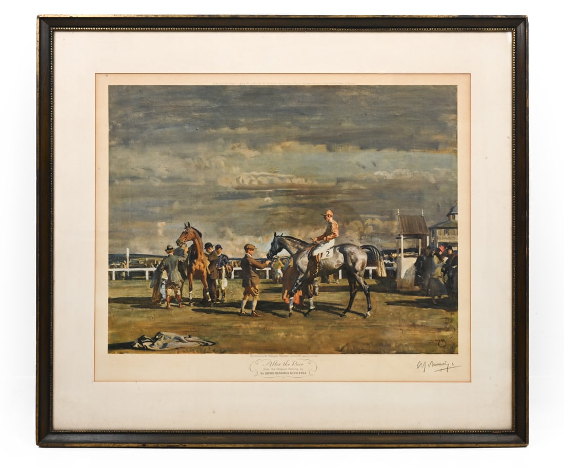 AFTER ALFRED J. MUNNINGS (UK, 1878-1959) AP PRINT: Colored print after the painting by A. J. Munnings. Signed Artist's Proof Edition Limited. Dated 1954 upper margin. Dimensions: (Frame) H 30.5" x W 34.5" (Sight) H 22" x W 26" Condition: Wear consiste