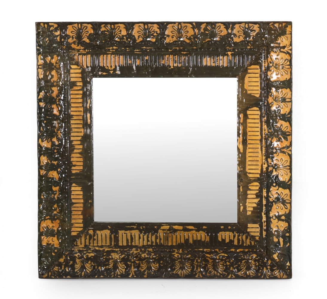 TIN PANEL FRAME WALL MIRROR: 20th century. Dimensions: H 46" x W 46" Condition: Scuffs, dings, and patina of metal. Wear consistent with age and use