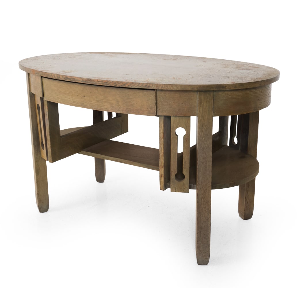 HAMPSON-MINTIE FURNITURE MISSION OAK LIBRARY DESK: Makers tag on leg. painted oak with front drawer and carved accents. Early 20th century. Dimensions: H 28.25" x W 47" x D 28" Condition: Scuffs, watermarks, wear of finish, and discoloration. Wear con