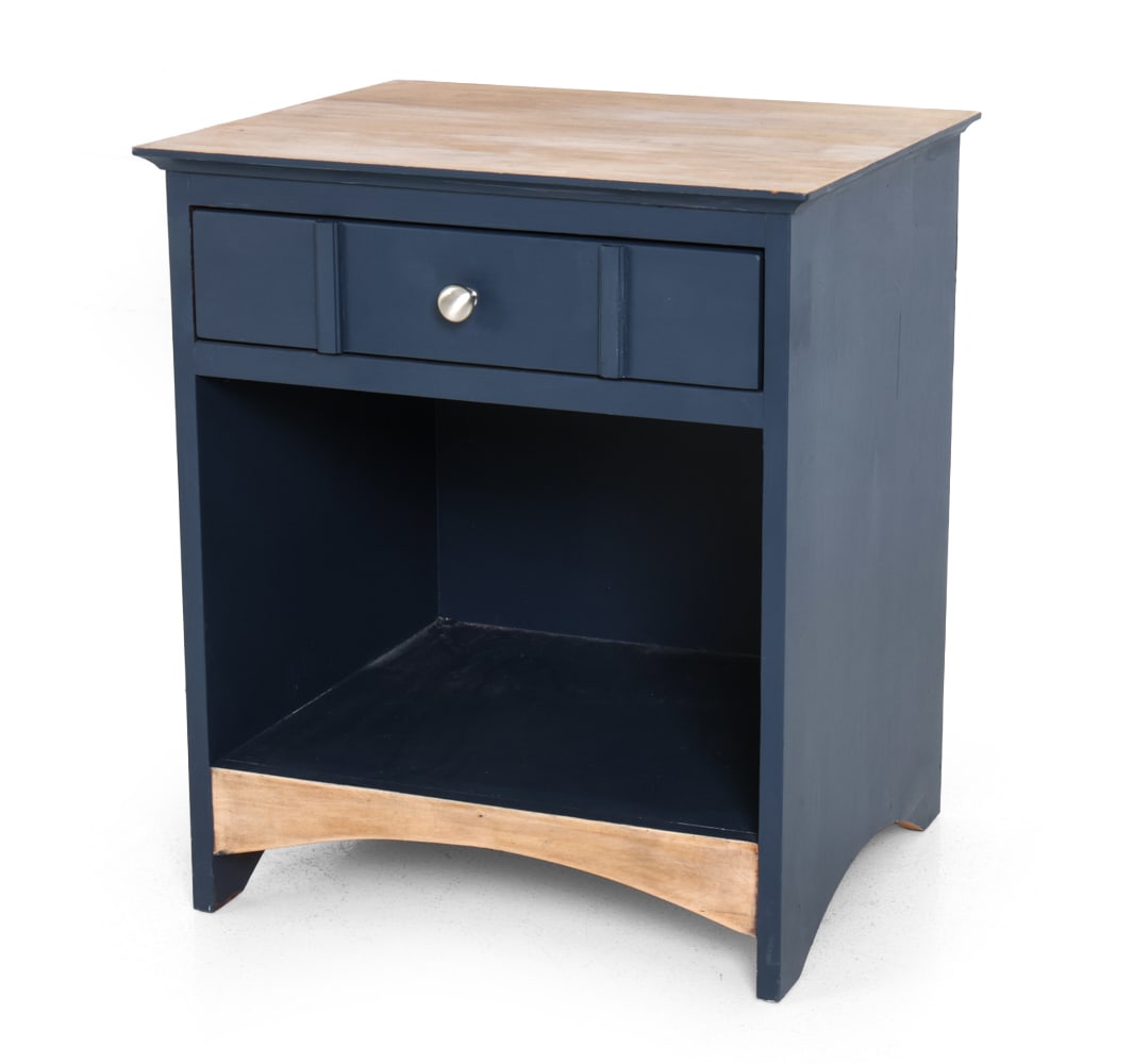 PAINTED PINE NIGHTSTAND SIDE TABLE: Recently painted pine with chrome drawer pull and fabric lined drawer Dimensions: H 25" x W 21.5" x D 18.25" Condition: Minor scuffs. Wear consistent with age and use.