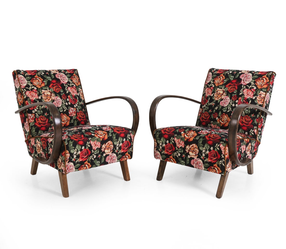 PAIR JINDRICH HALABALA FOR UP ZAVODY LOUNGE CHAIRS: Beech frame with upholstery. Apparently unmarked. Halabala for UP Zavody. Czechoslovakia, circa 1940s. Dimensions: H 32" x W 26.5" x D 30" x SH 15.25" Condition: Scuffs, slight wear of finish. Wear co