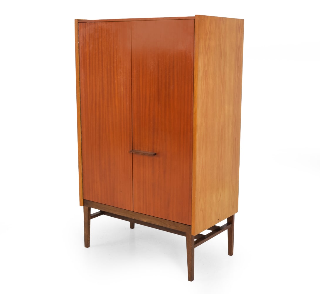 FRANTISEK MEZULANIK FOR UP ZAVODY MAHOGANY CABINET: Mahogany veneer and ash frame. Marked to backside. Czechoslovakia, circa 1960s. Dimensions: H 51.25" x W 31.25" x D 18" Condition: Scuffs, dings, watermarks, discoloration, and cracking in finish.